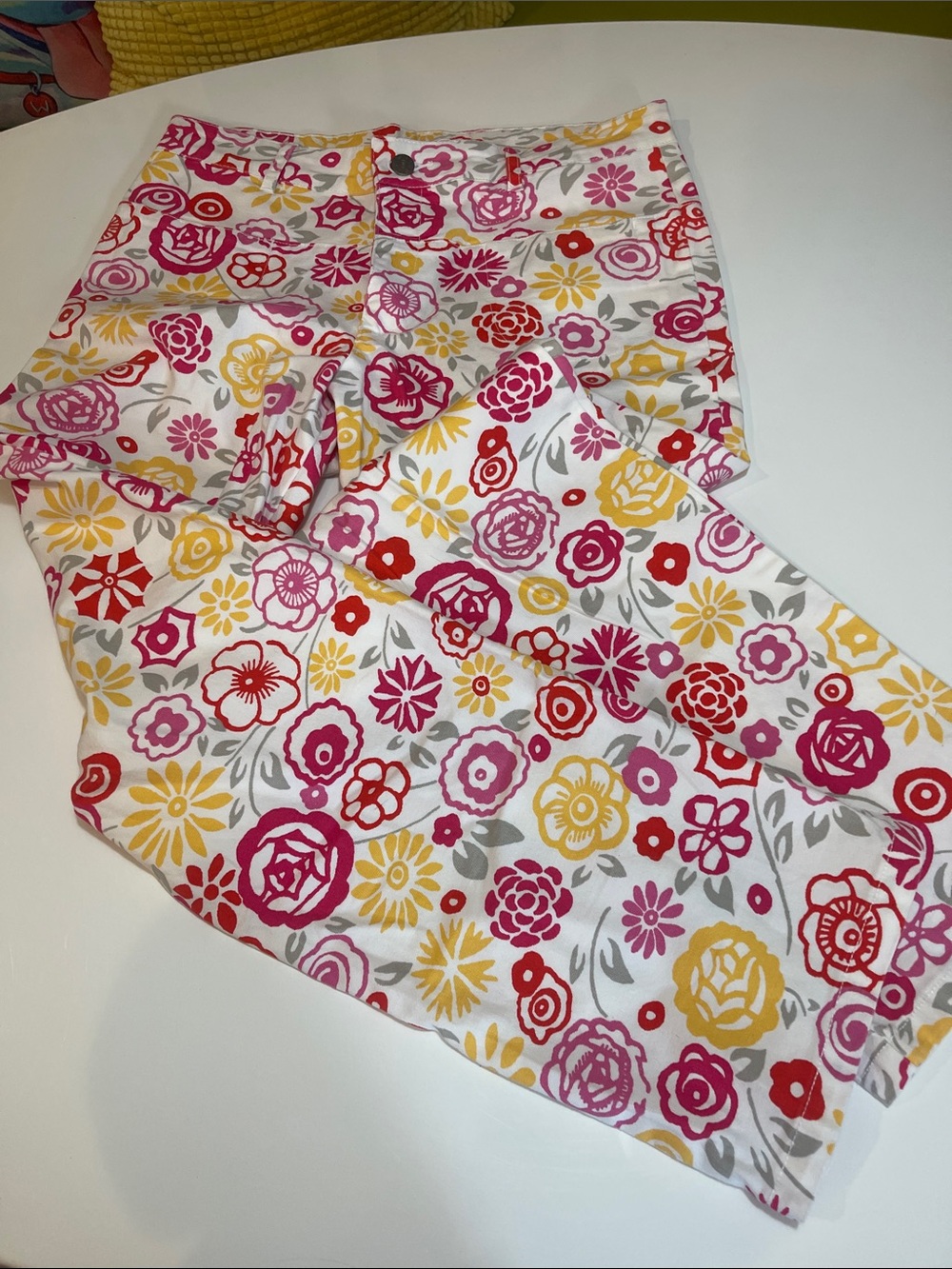Esprit White Floral Capri Jeans with Pink, Yellow & Red Flowers